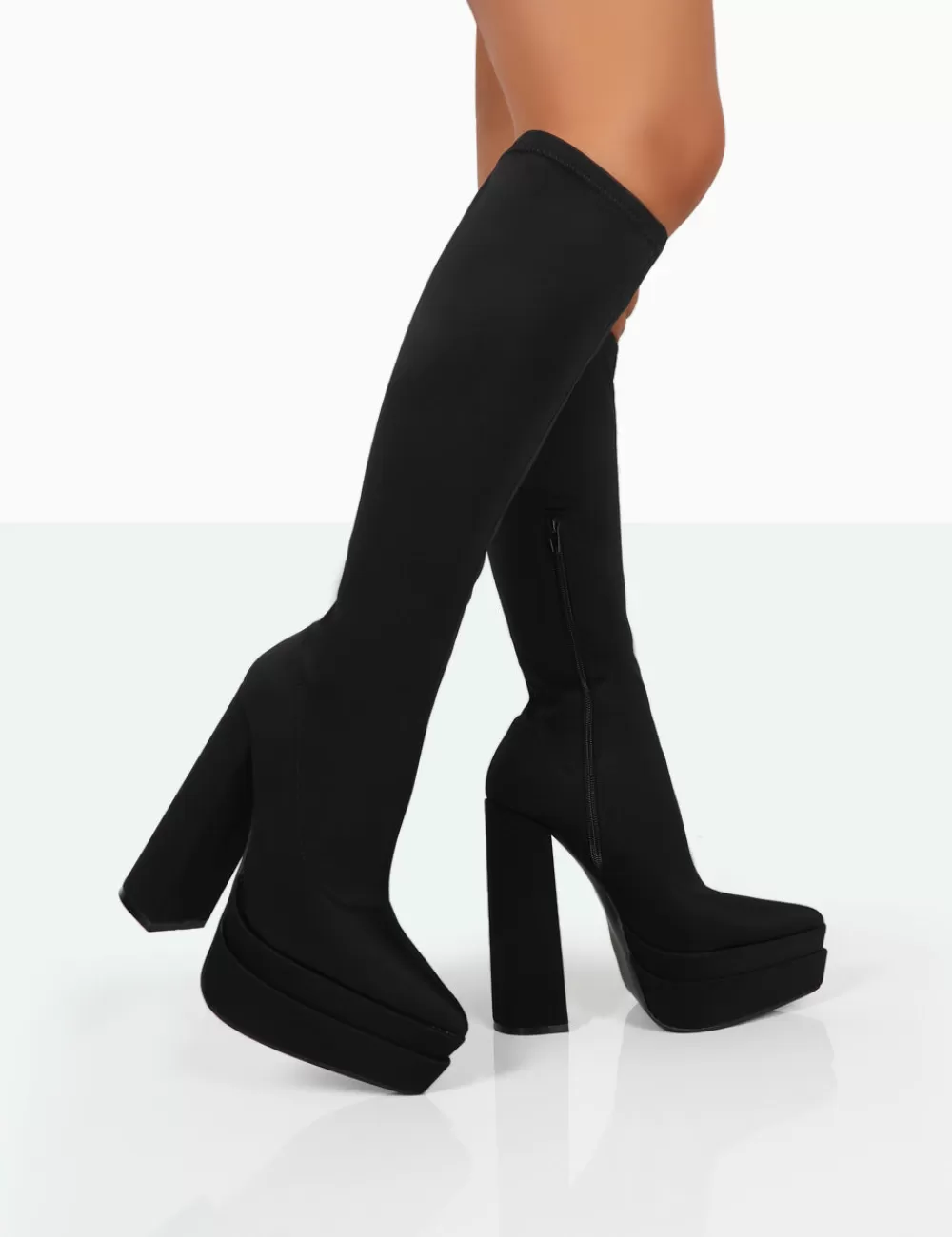 Cheap Public Desire End Game Lycra Platform Pointed Toe Block Heel Knee High Boots Black