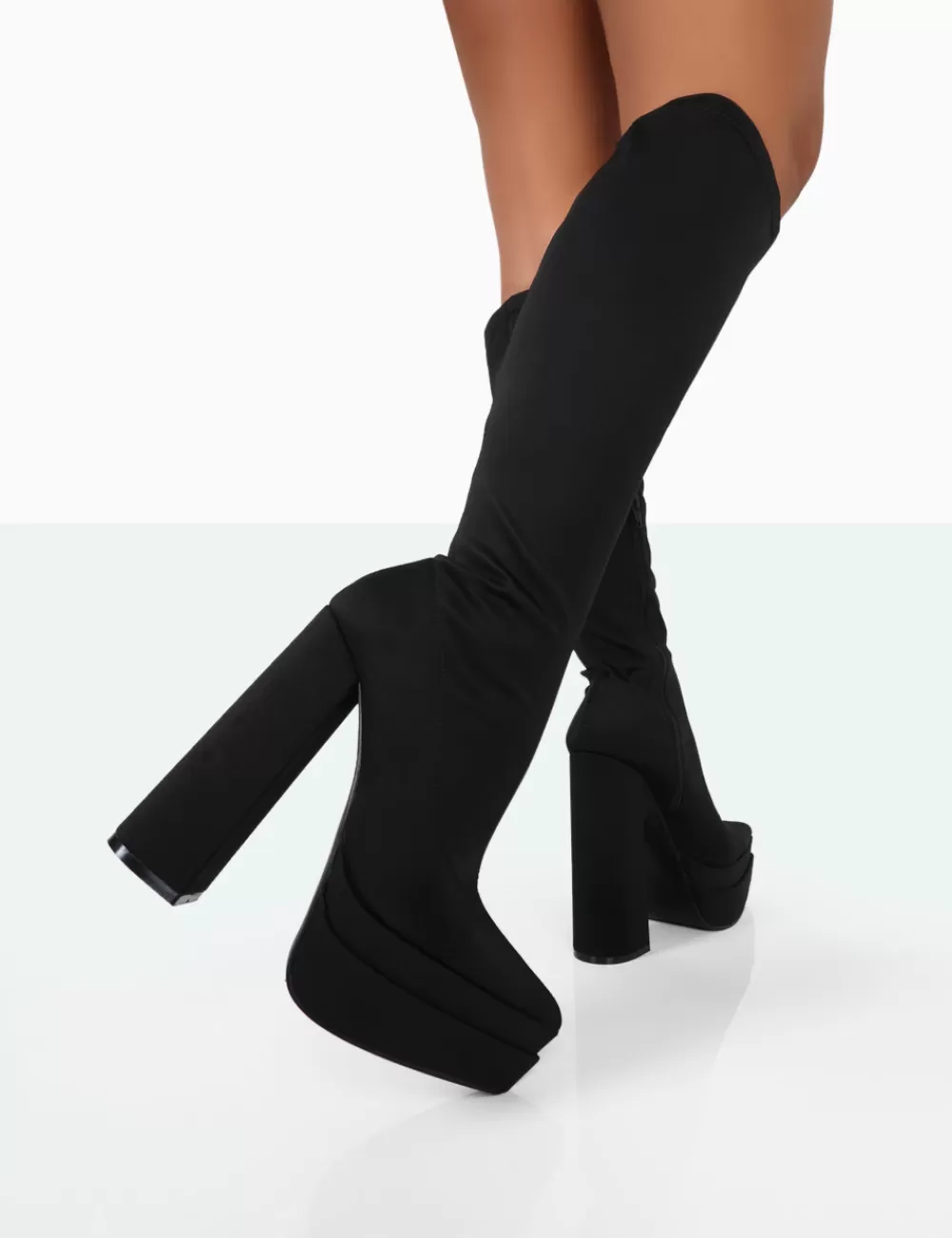 Cheap Public Desire End Game Lycra Platform Pointed Toe Block Heel Knee High Boots Black