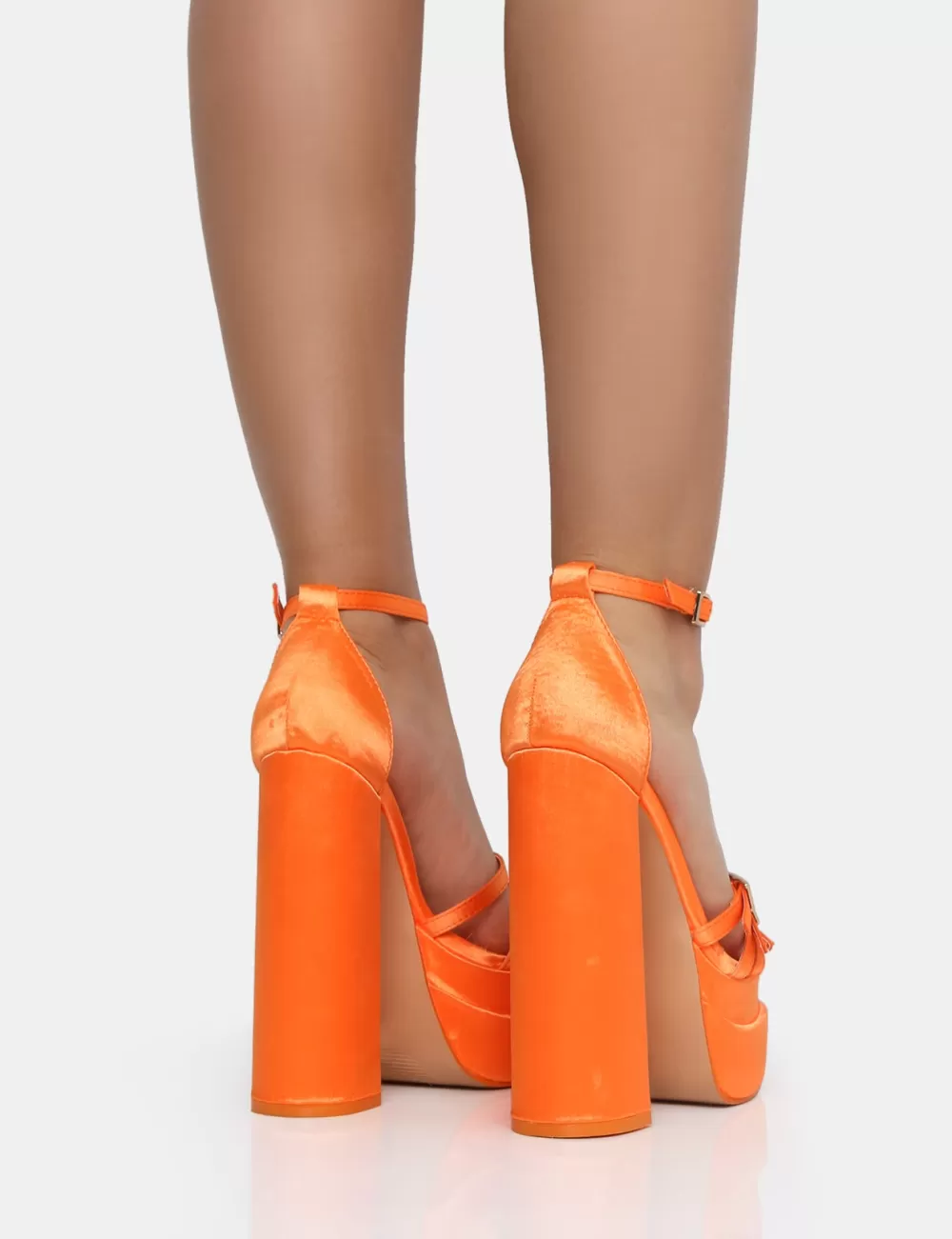 Outlet Public Desire Enya Satin Strappy Buckle Square Toe Platform Block Heels Orange