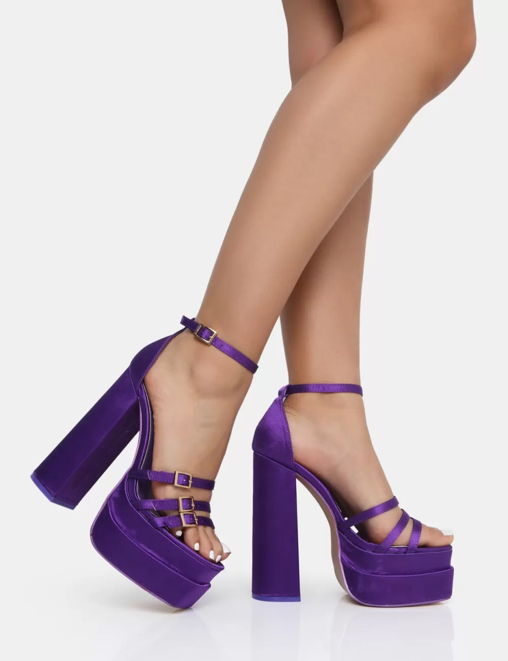 Cheap Public Desire Enya Satin Strappy Buckle Square Toe Platform Block Heels Purple