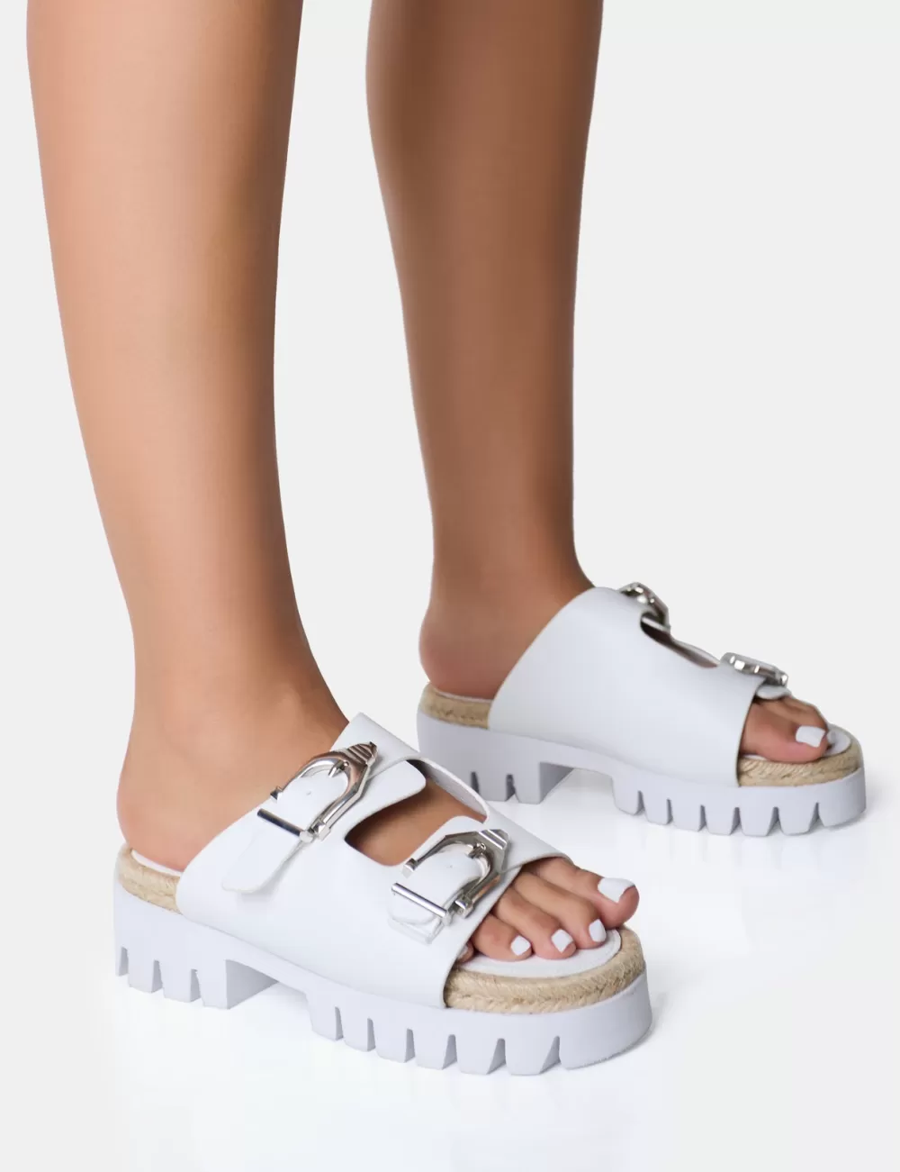 New Public Desire Equinox Chunky Jute Detail Buckle Flatform Sandals White