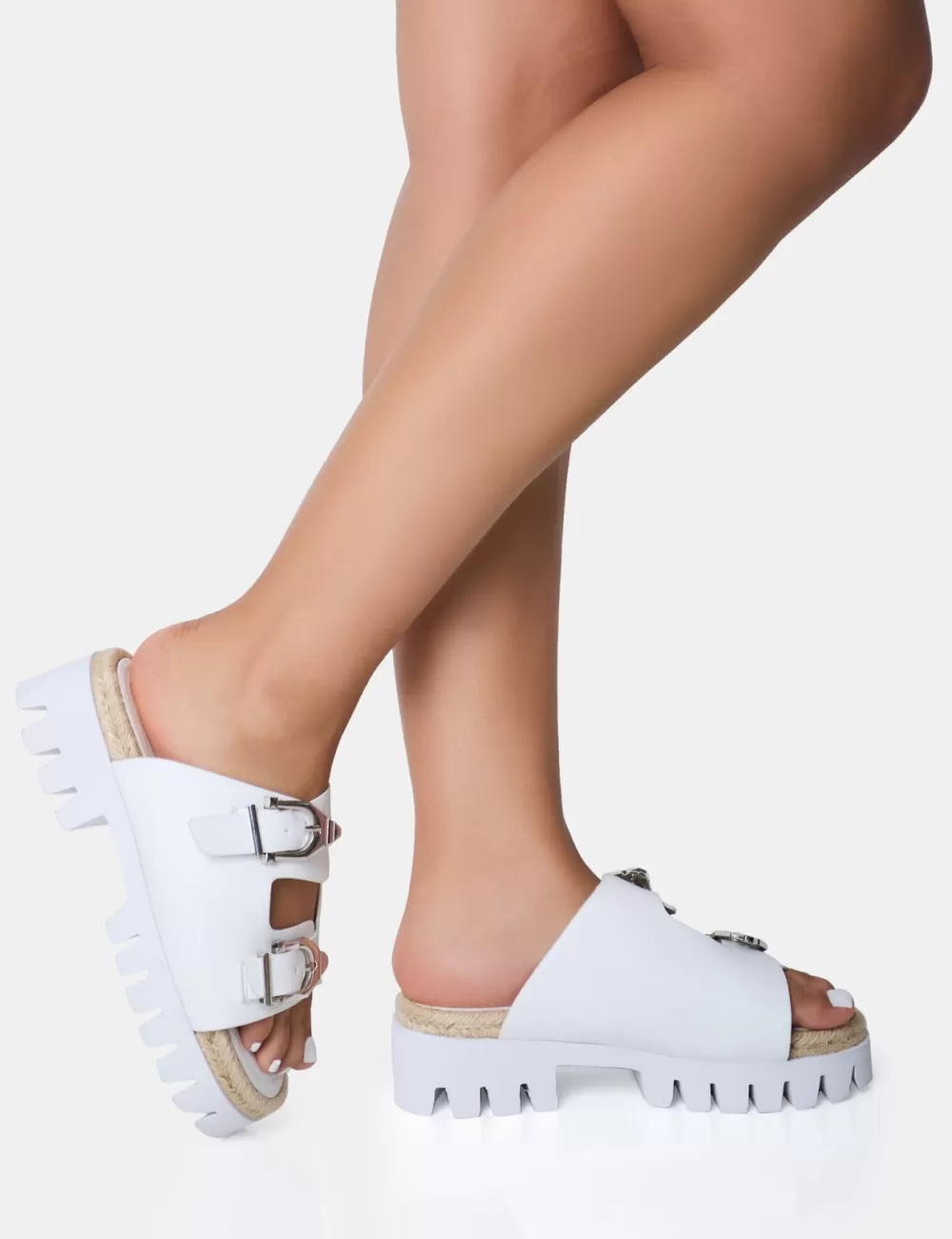 New Public Desire Equinox Chunky Jute Detail Buckle Flatform Sandals White