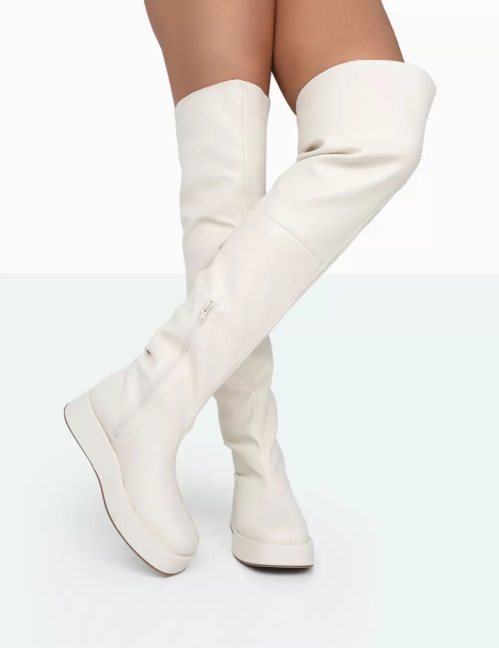 Hot Public Desire Erica Bone Pu Chunky Platform Sole Over The Knee Boots Ecru