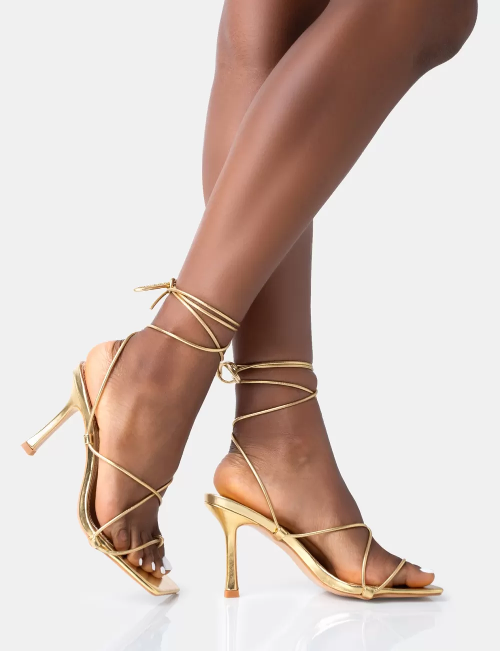 Best Sale Public Desire Euphoria Pu Square Toe Lace Up Mid Heels Gold