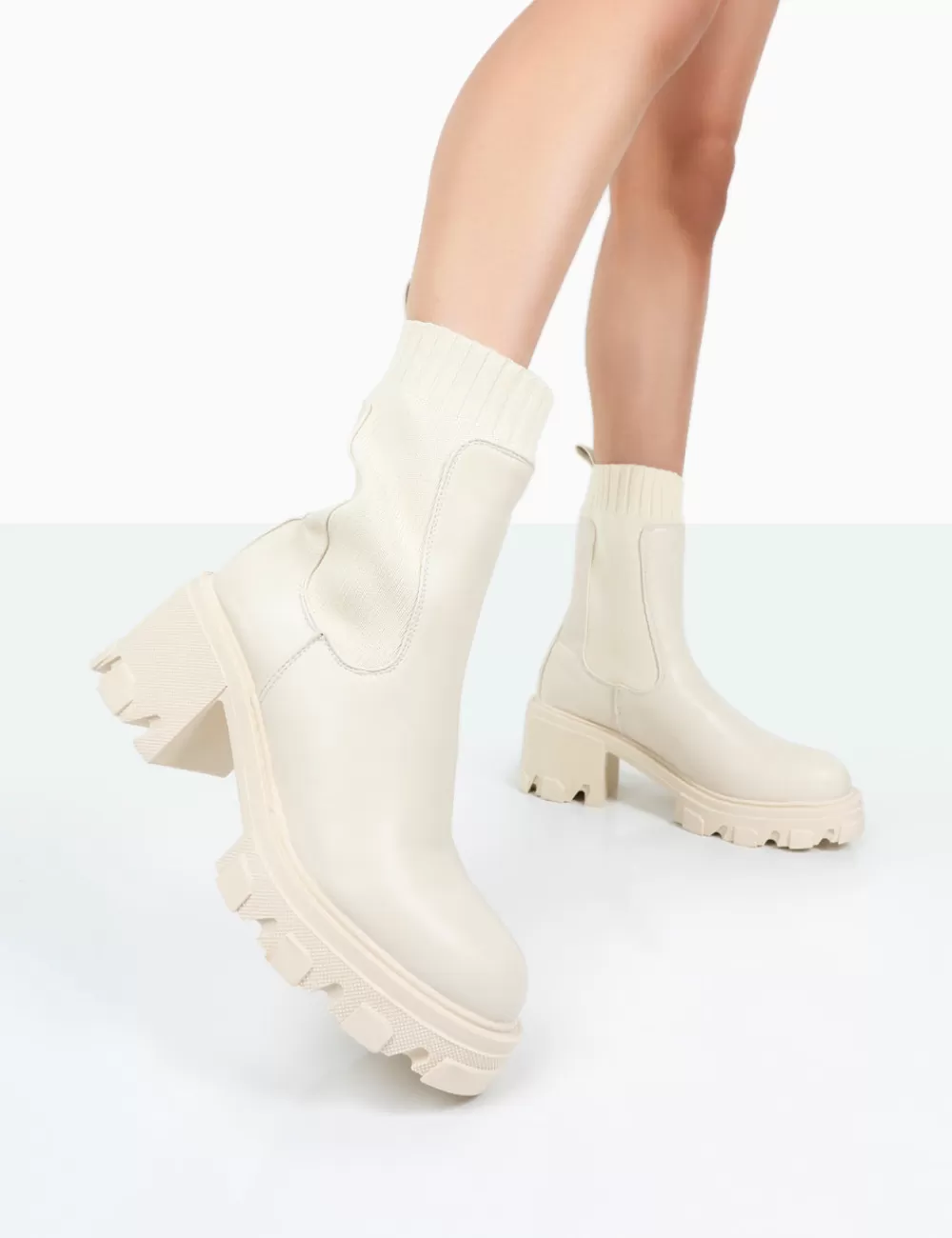 Sale Public Desire Everdeen Ecru PU And Knit Chunky Heeled Platform Sock Ankle Boots Black