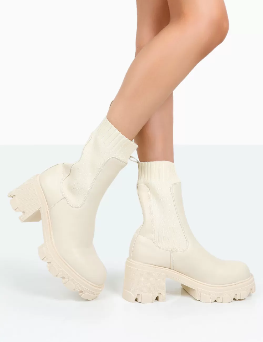 Sale Public Desire Everdeen Ecru PU And Knit Chunky Heeled Platform Sock Ankle Boots Black