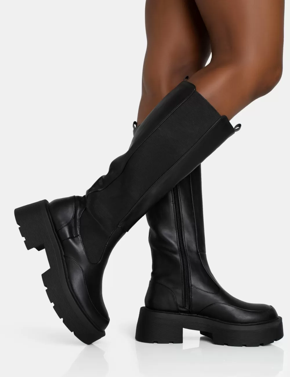 Best Public Desire Evergreen Knee High Elasticated Detail Chunky Heeled Sole Boots Black