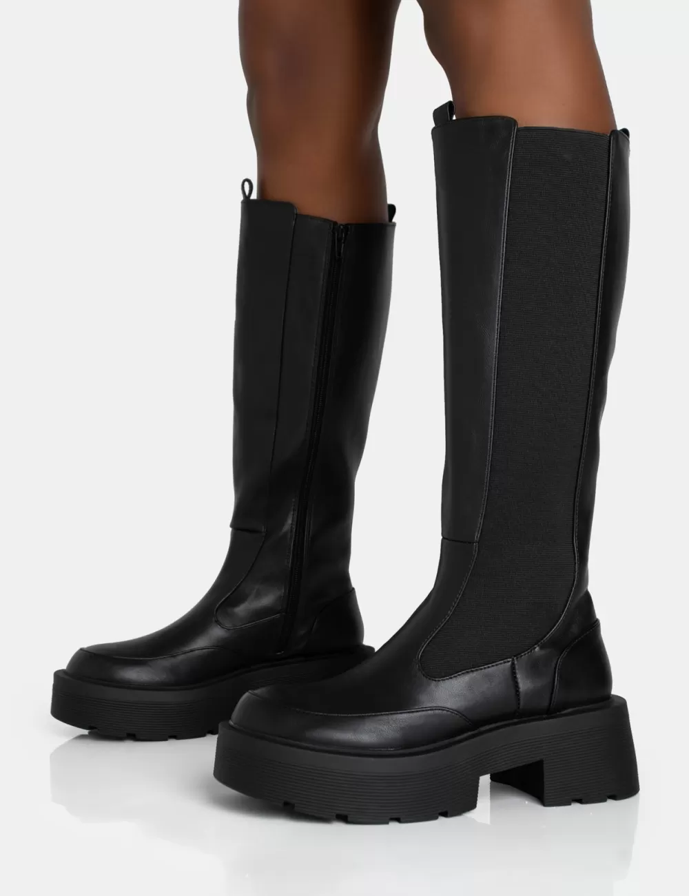 Best Public Desire Evergreen Knee High Elasticated Detail Chunky Heeled Sole Boots Black