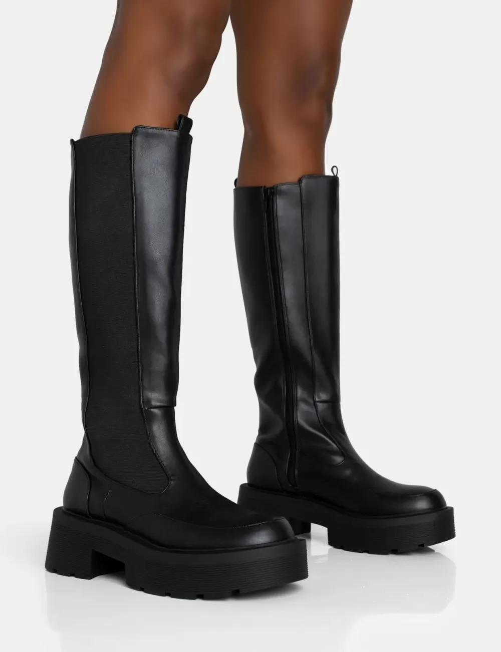 Hot Public Desire Evergreen Pu Wide Fit Knee High Elasticated Detail Chunky Heeled Sole Boots Black