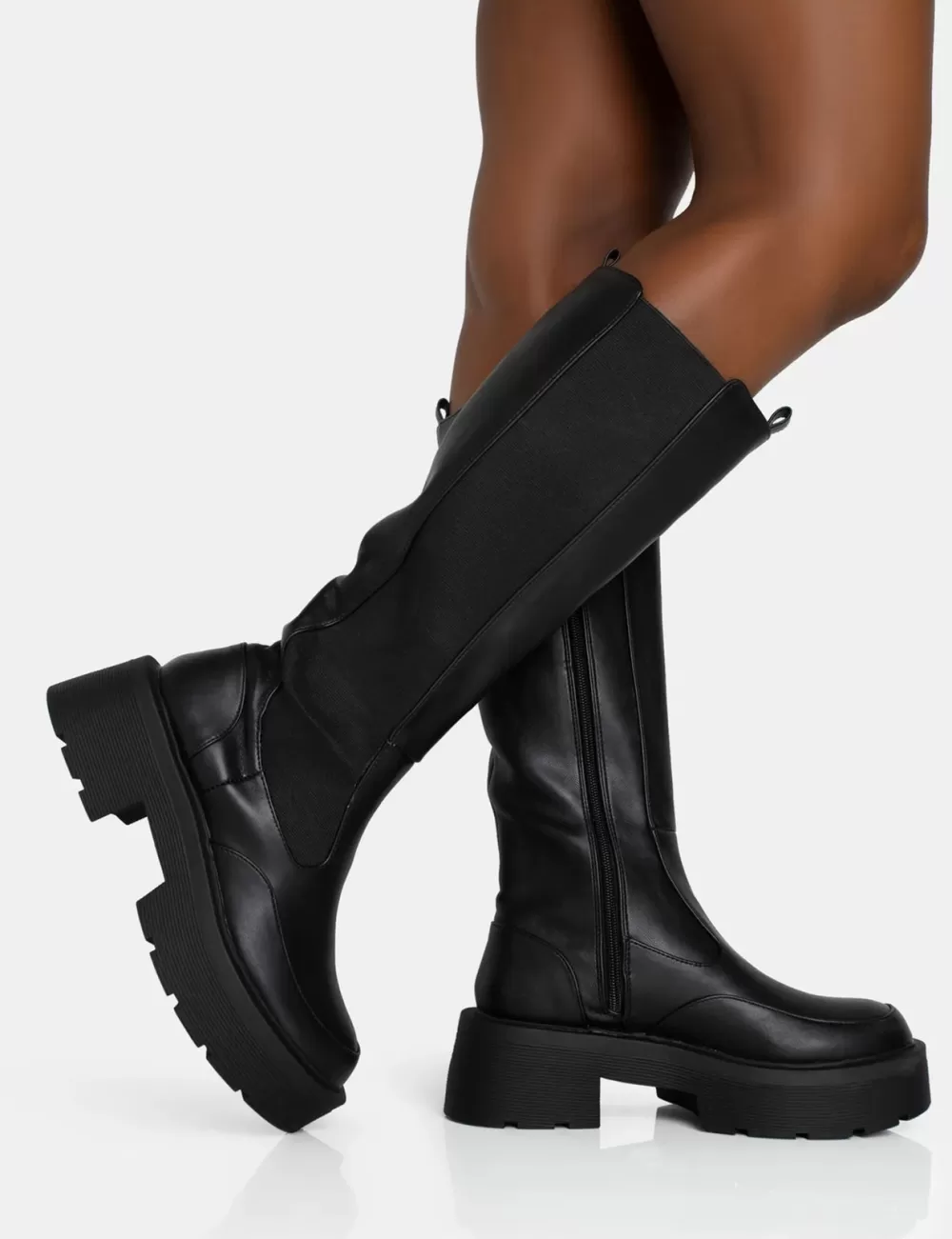 Hot Public Desire Evergreen Pu Wide Fit Knee High Elasticated Detail Chunky Heeled Sole Boots Black