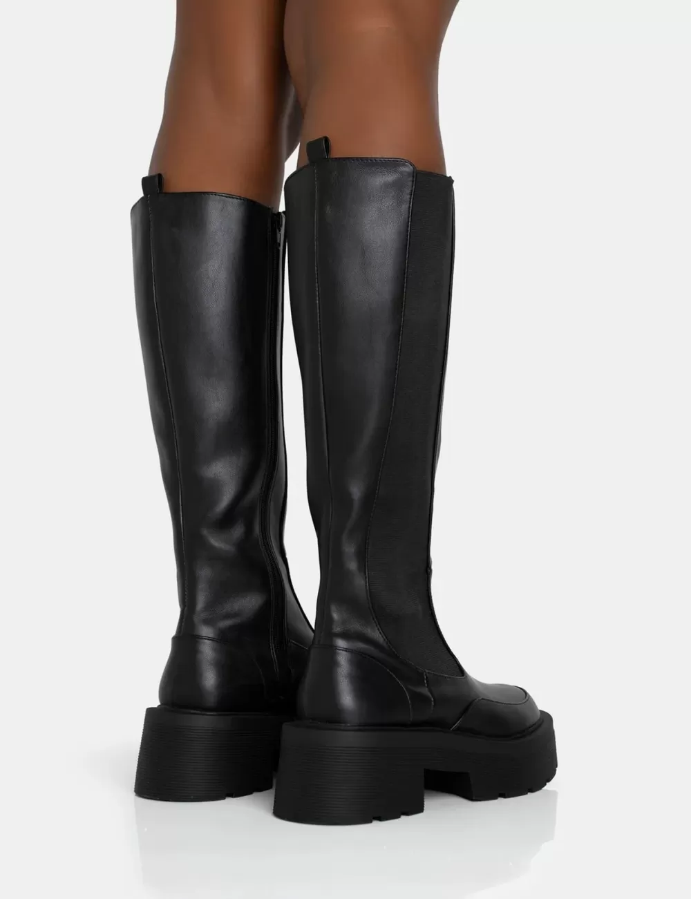 Hot Public Desire Evergreen Pu Wide Fit Knee High Elasticated Detail Chunky Heeled Sole Boots Black
