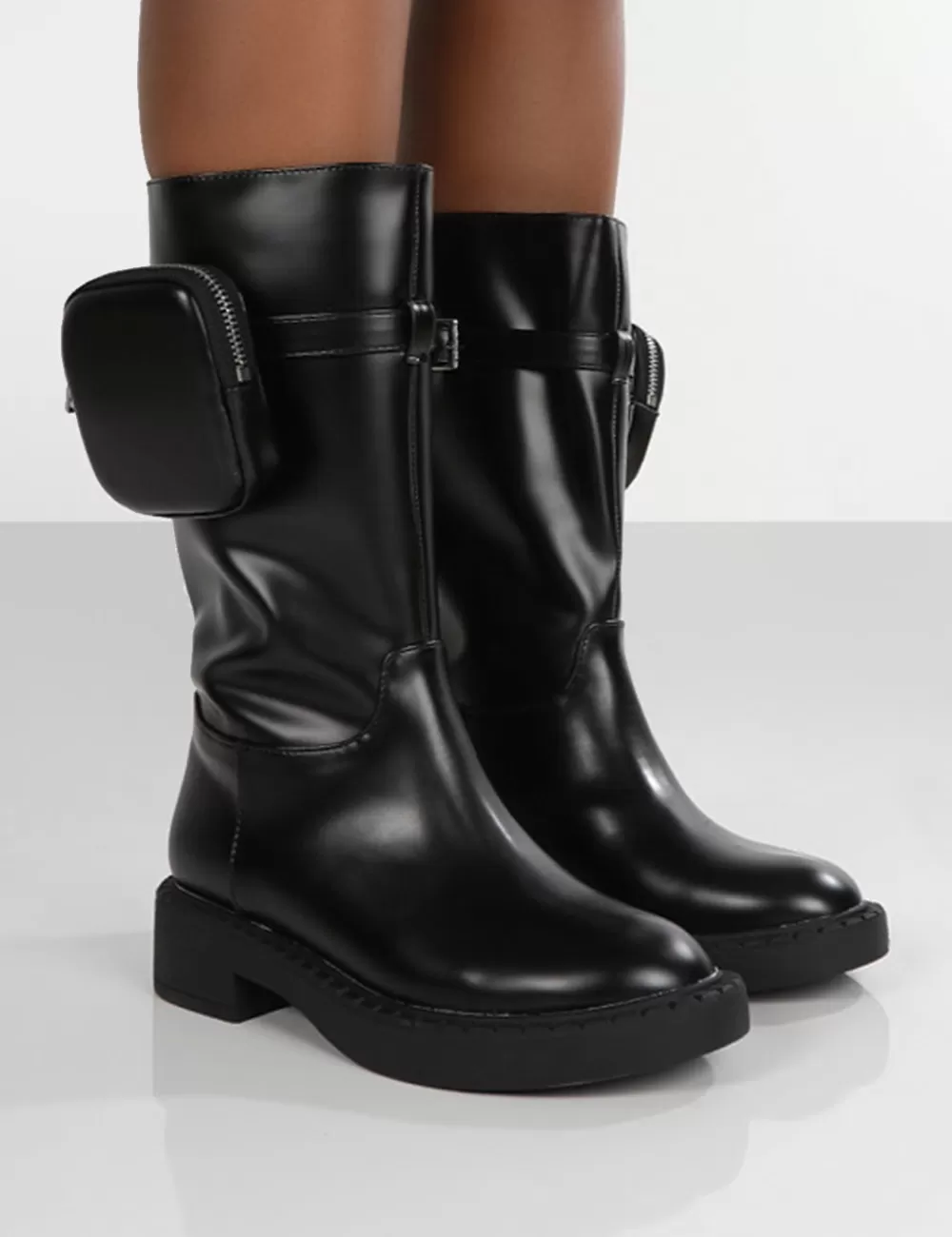 Cheap Public Desire Evoke Pocket Detail Chunky Sole Calf Height Boot Black