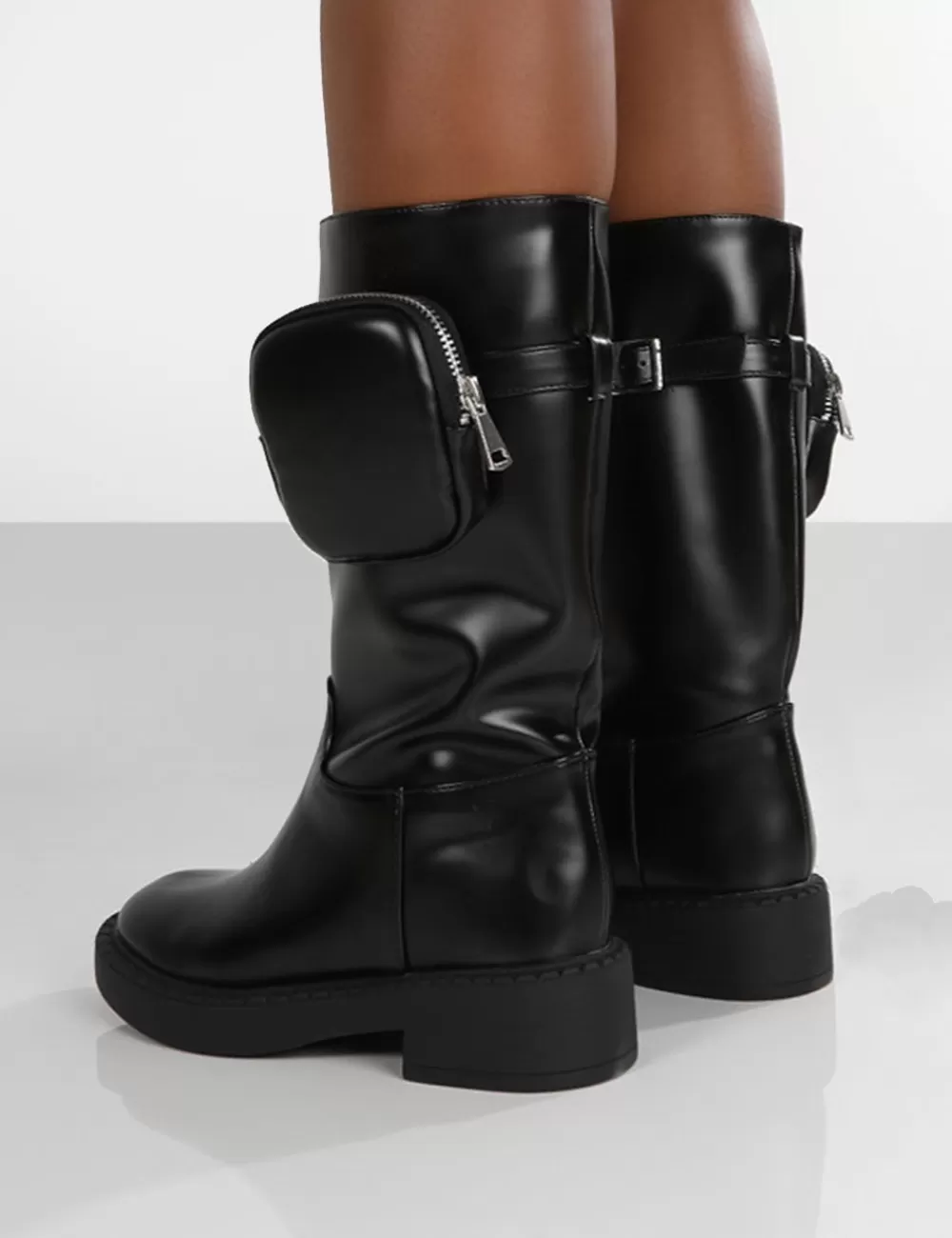 Cheap Public Desire Evoke Pocket Detail Chunky Sole Calf Height Boot Black