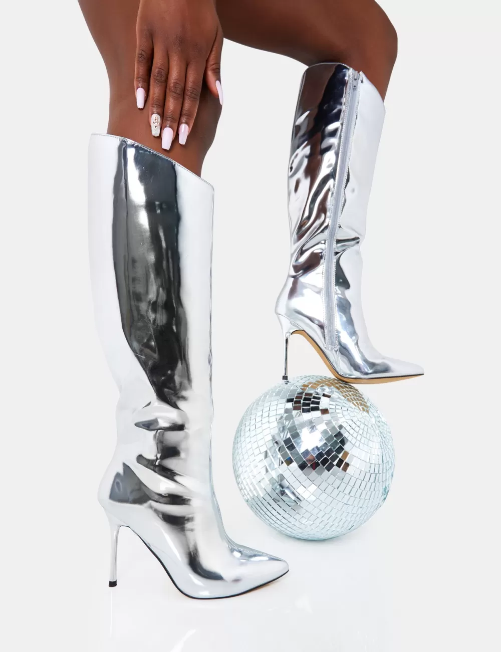 Sale Public Desire Falcon Mirror Knee High Stiletto Boot Silver