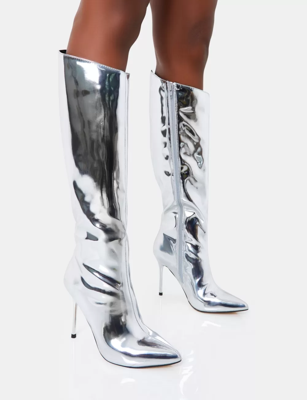 Sale Public Desire Falcon Mirror Knee High Stiletto Boot Silver