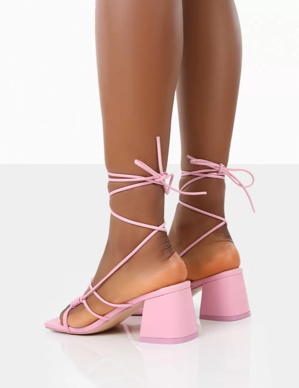Clearance Public Desire Fanatic Baby PU Square Toe Lace Up Block Mid Heeled Sandals Pink