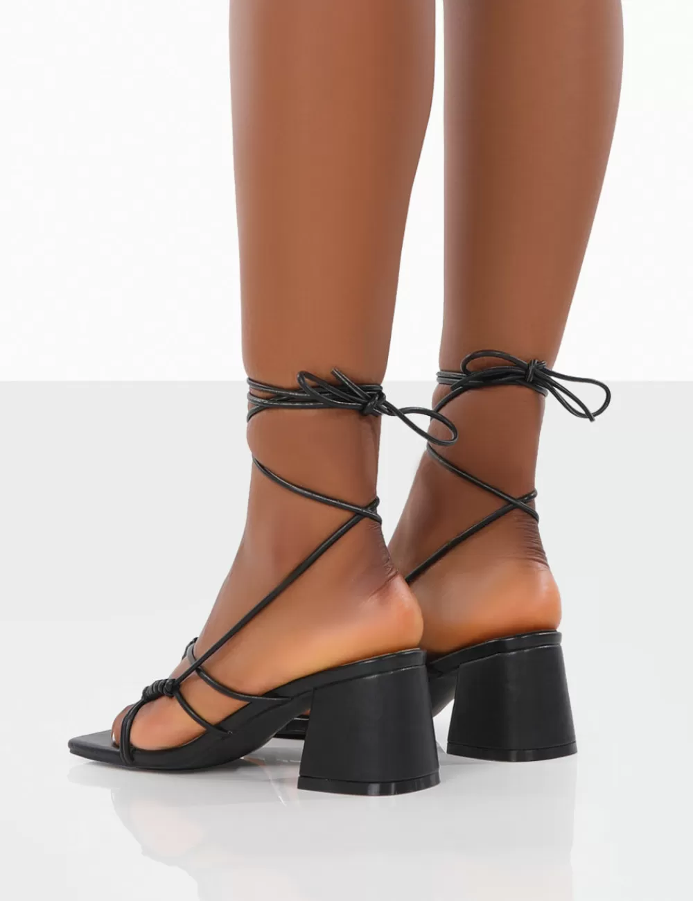 Clearance Public Desire Fanatic PU Square Toe Lace Up Block Mid Heeled Sandals Black