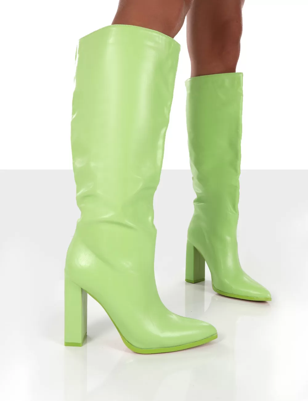Best Public Desire Far Away Lime Grain PU Square Toe Knee High Block Boots Green