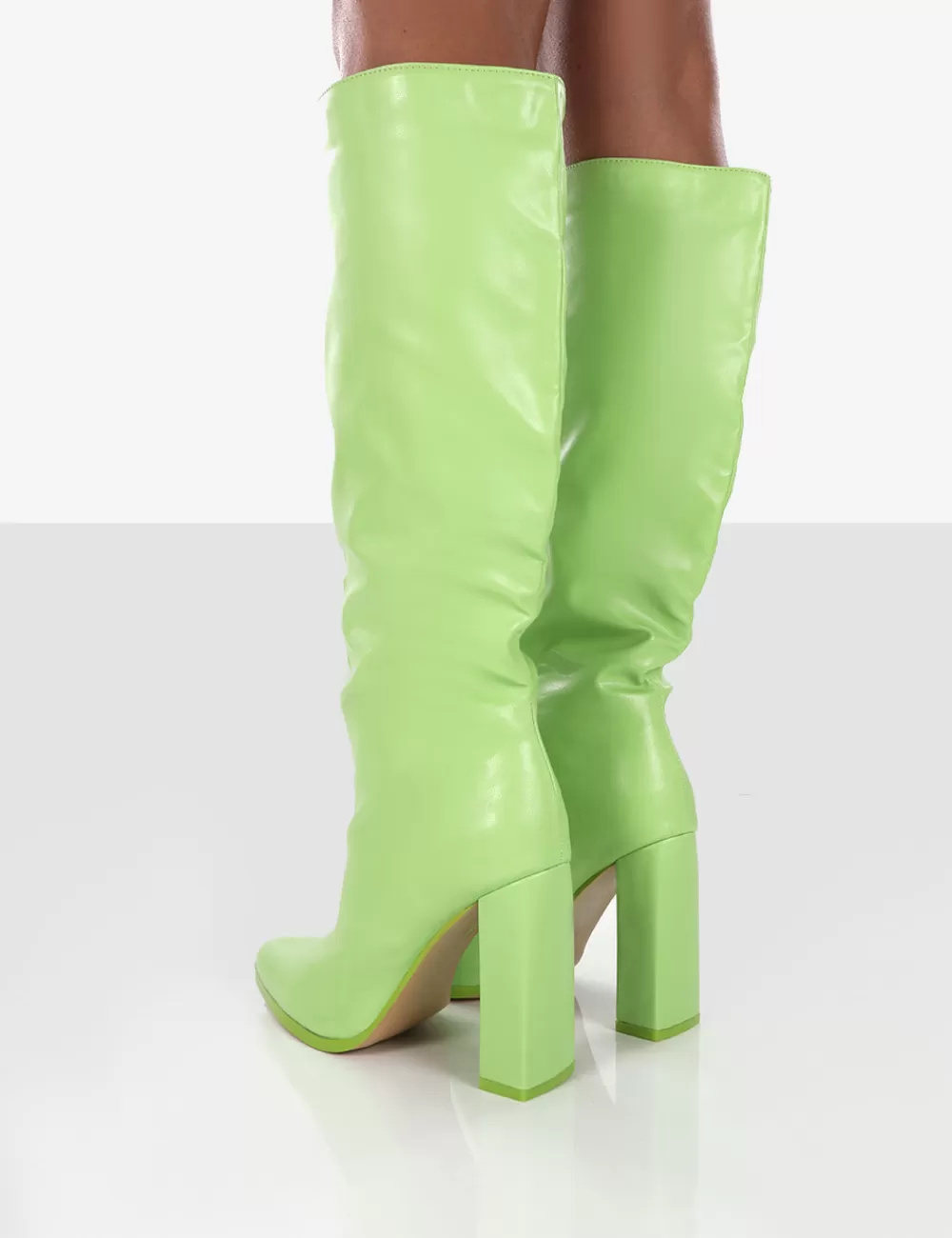 Best Public Desire Far Away Lime Grain PU Square Toe Knee High Block Boots Green