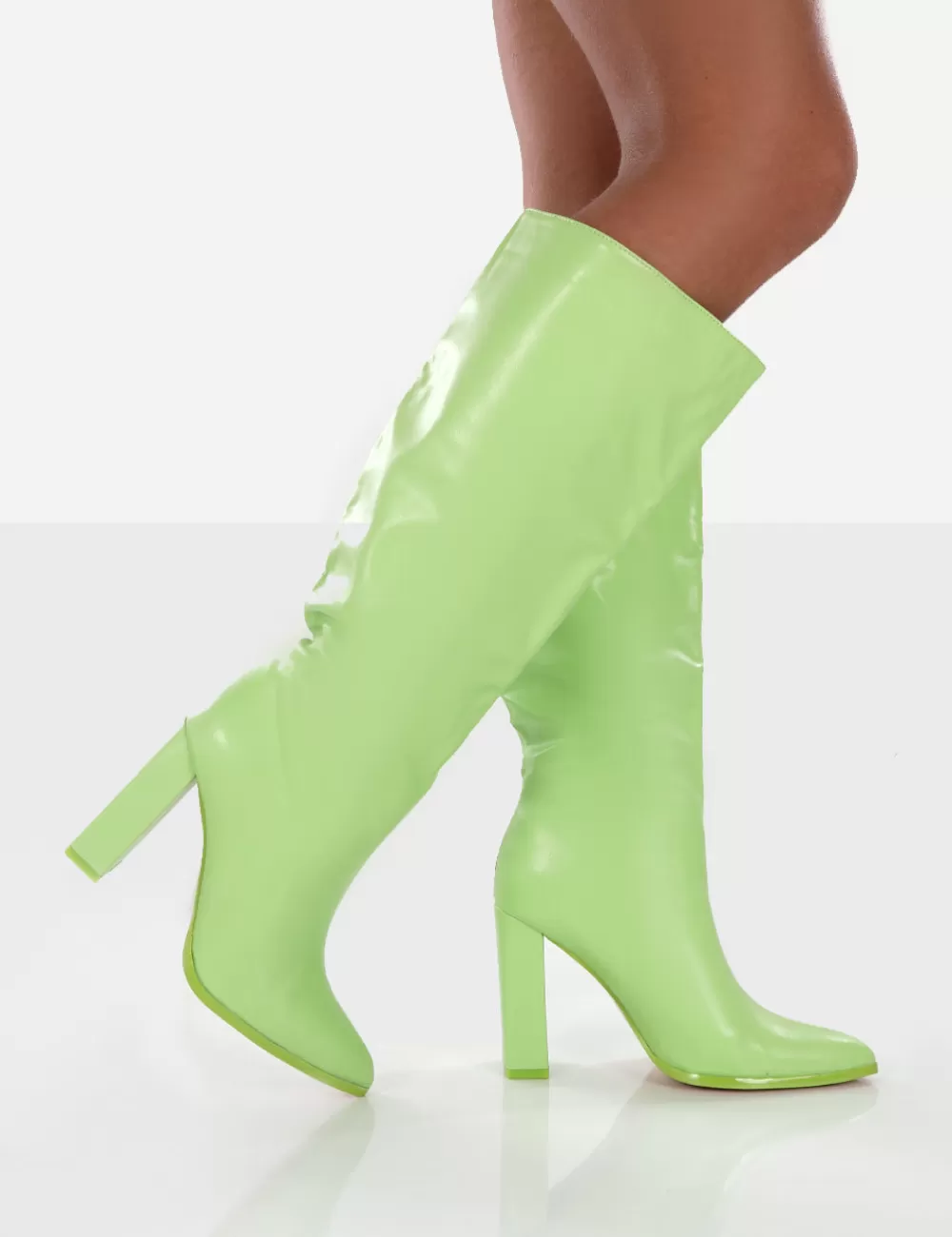 Best Public Desire Far Away Lime Grain PU Square Toe Knee High Block Boots Green