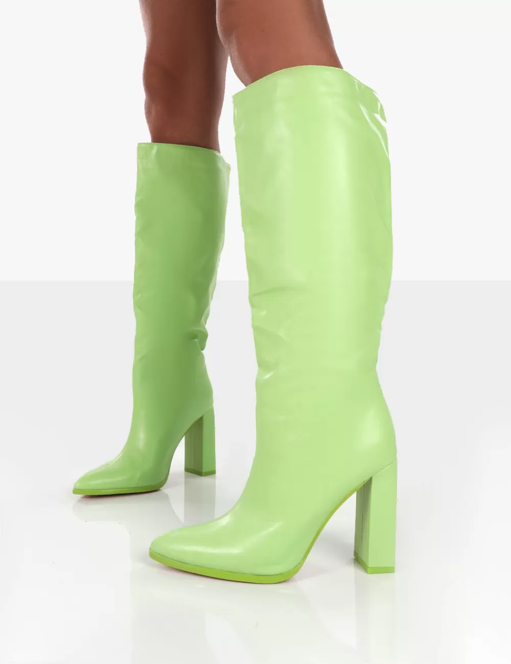 Best Public Desire Far Away Lime Grain PU Square Toe Knee High Block Boots Green