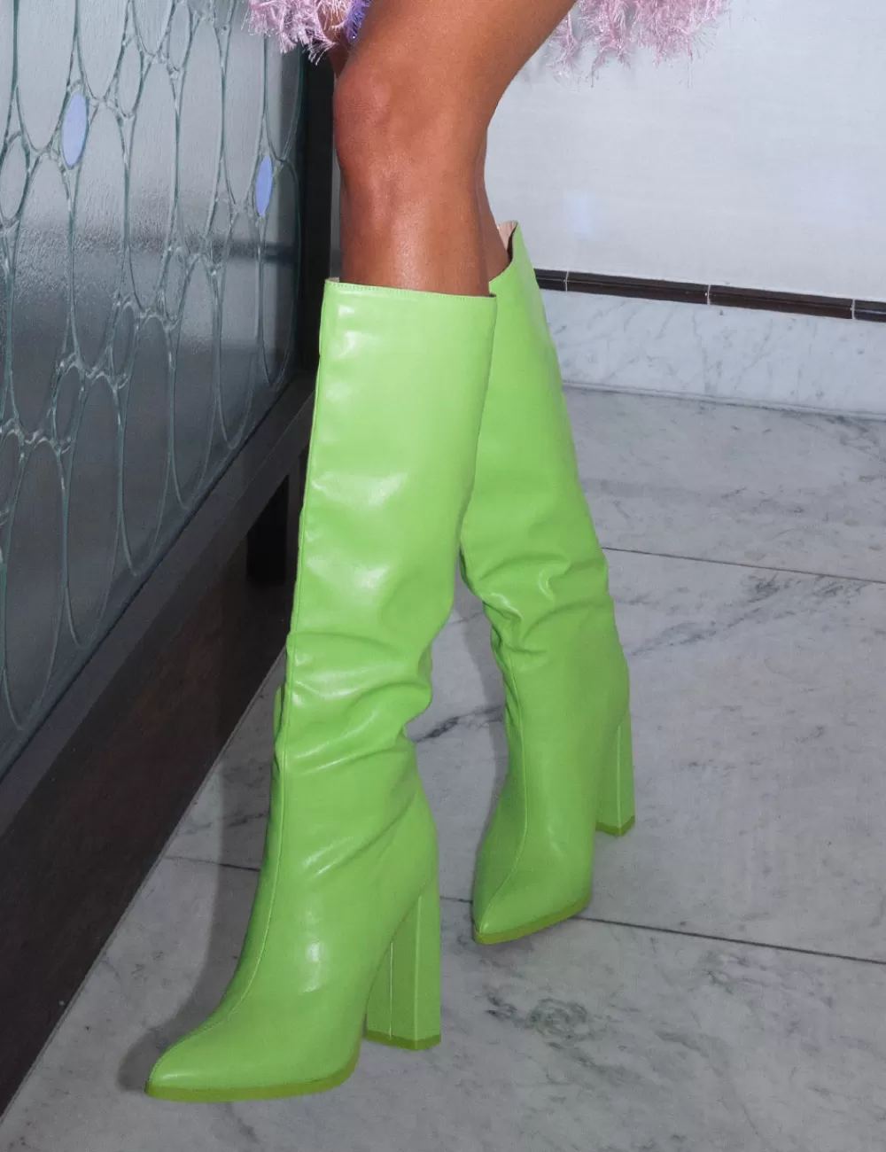Best Public Desire Far Away Lime Grain PU Square Toe Knee High Block Boots Green