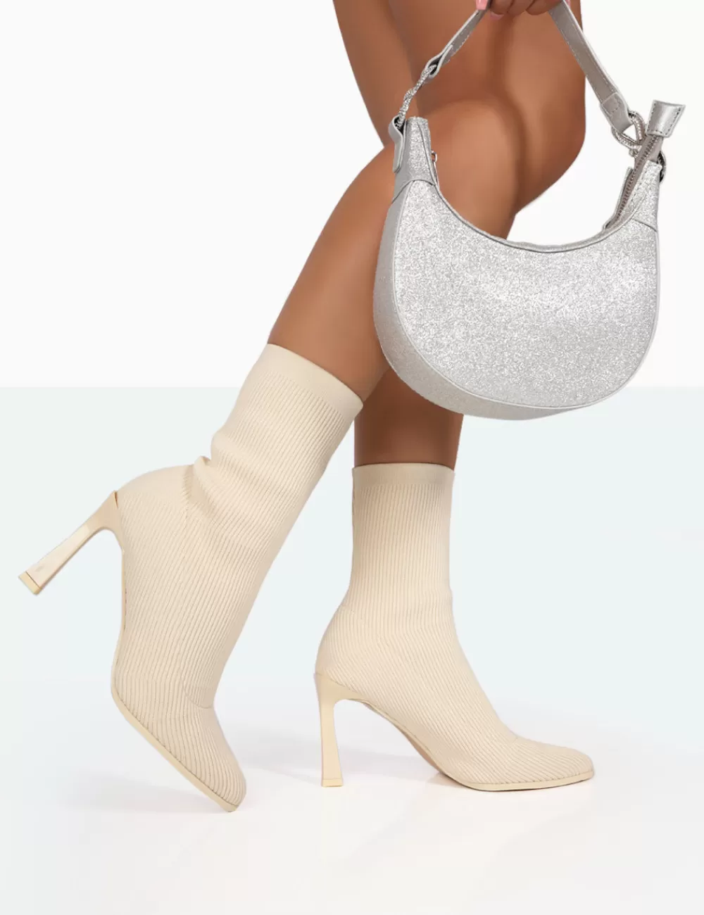 Flash Sale Public Desire Farah Knitted Pointed Toe Stiletto Heel Ankle Sock Boots Ecru