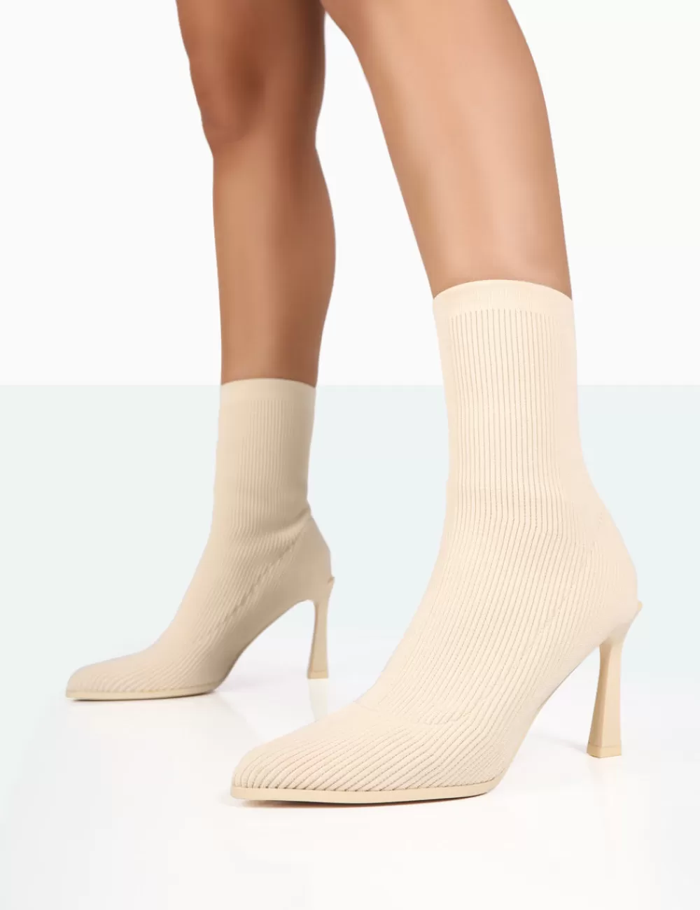 Flash Sale Public Desire Farah Knitted Pointed Toe Stiletto Heel Ankle Sock Boots Ecru