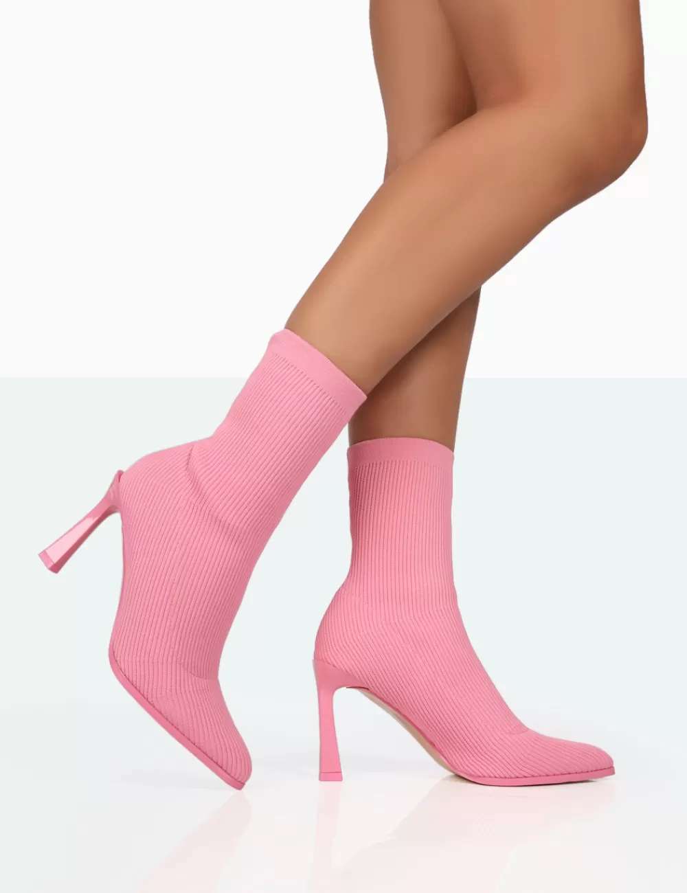Sale Public Desire Farah Knitted Pointed Toe Stiletto Heel Ankle Sock Boots Pink