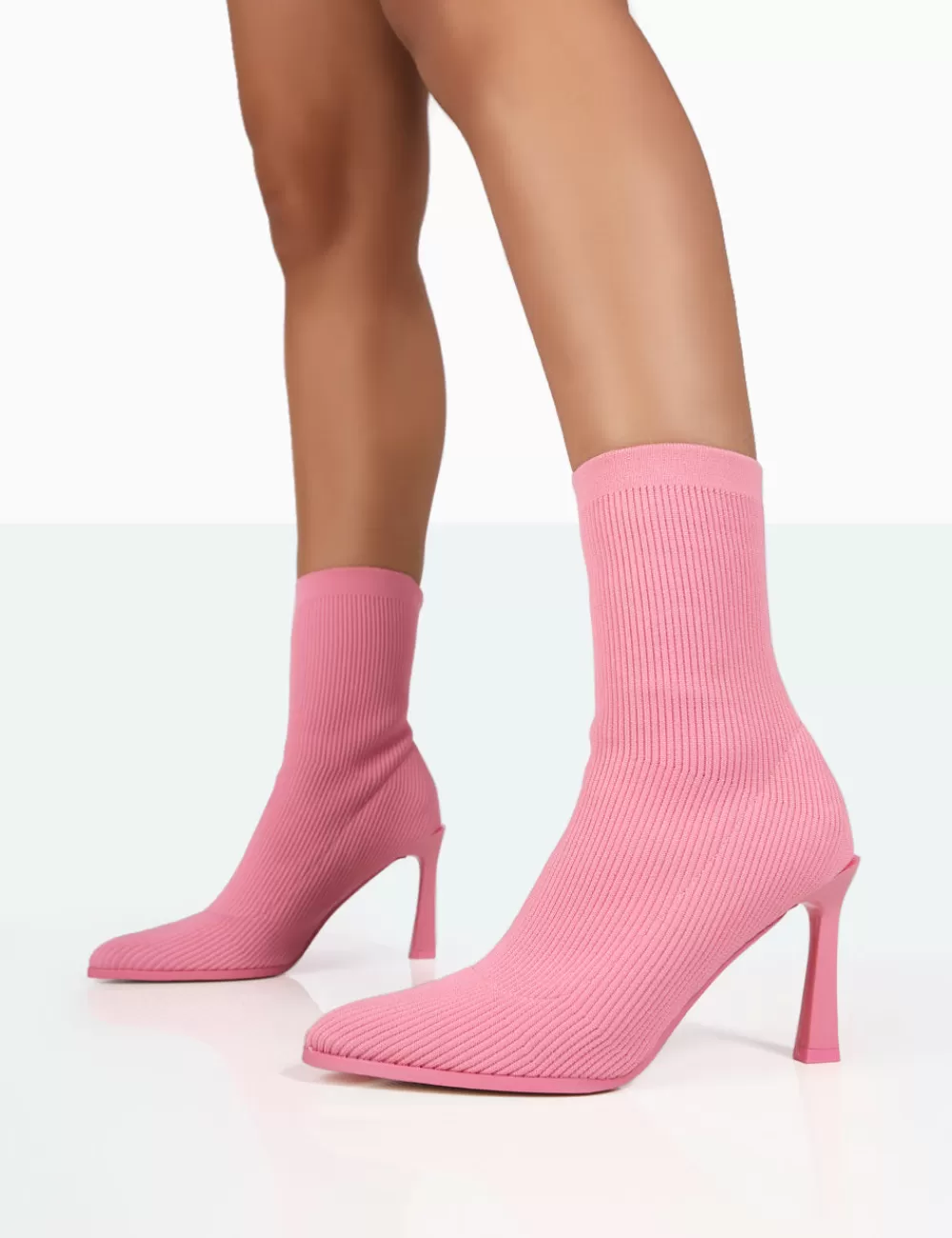 Sale Public Desire Farah Knitted Pointed Toe Stiletto Heel Ankle Sock Boots Pink