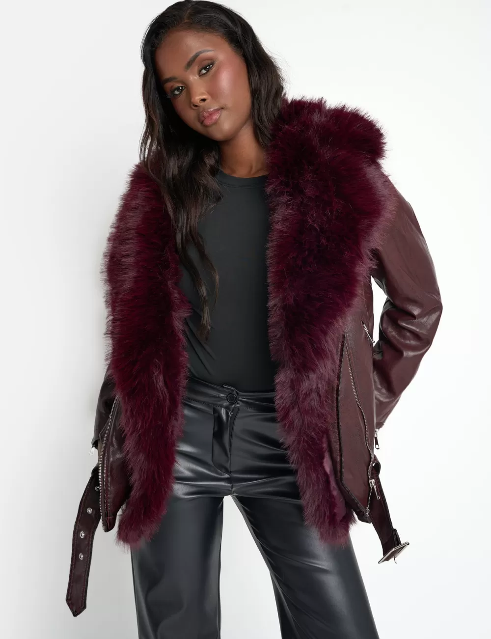 Sale Public Desire Faux Fur Trim Aviator Jacket Burgundy