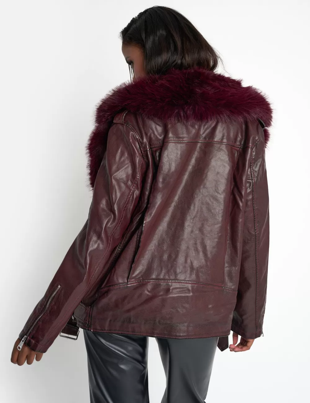 Sale Public Desire Faux Fur Trim Aviator Jacket Burgundy