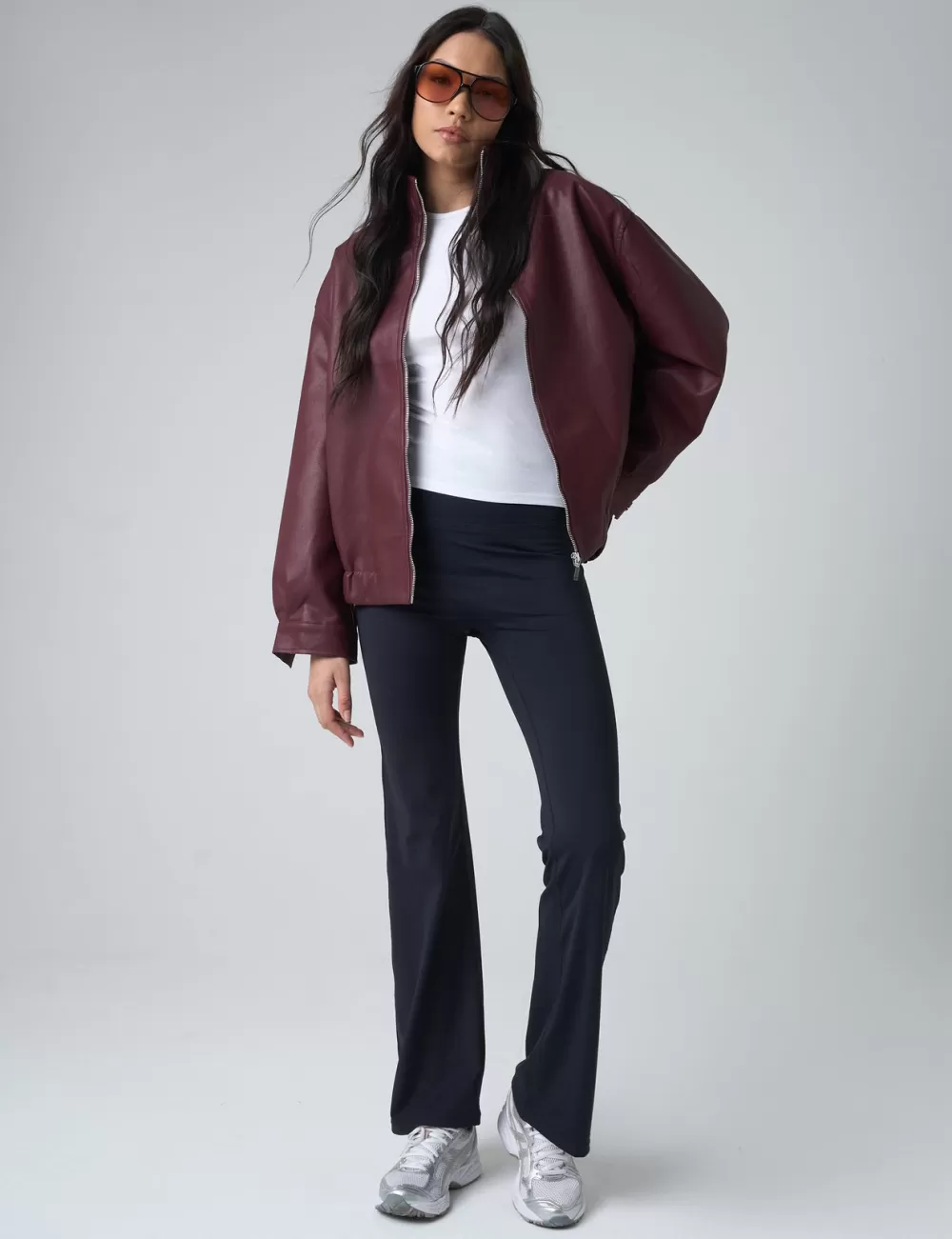 Store Public Desire Faux Leather Oversized Bomber Jacket Burgundy