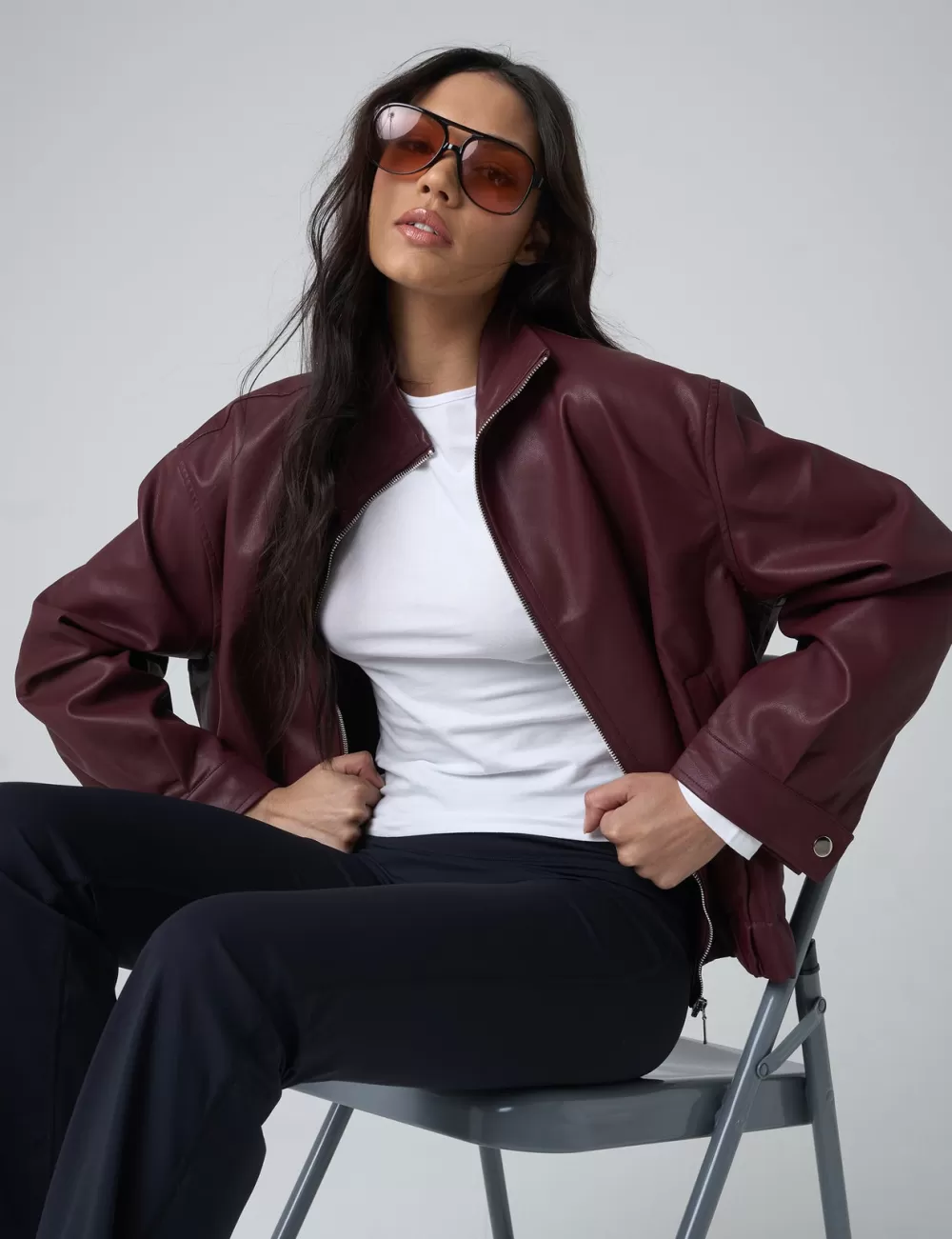 Store Public Desire Faux Leather Oversized Bomber Jacket Burgundy