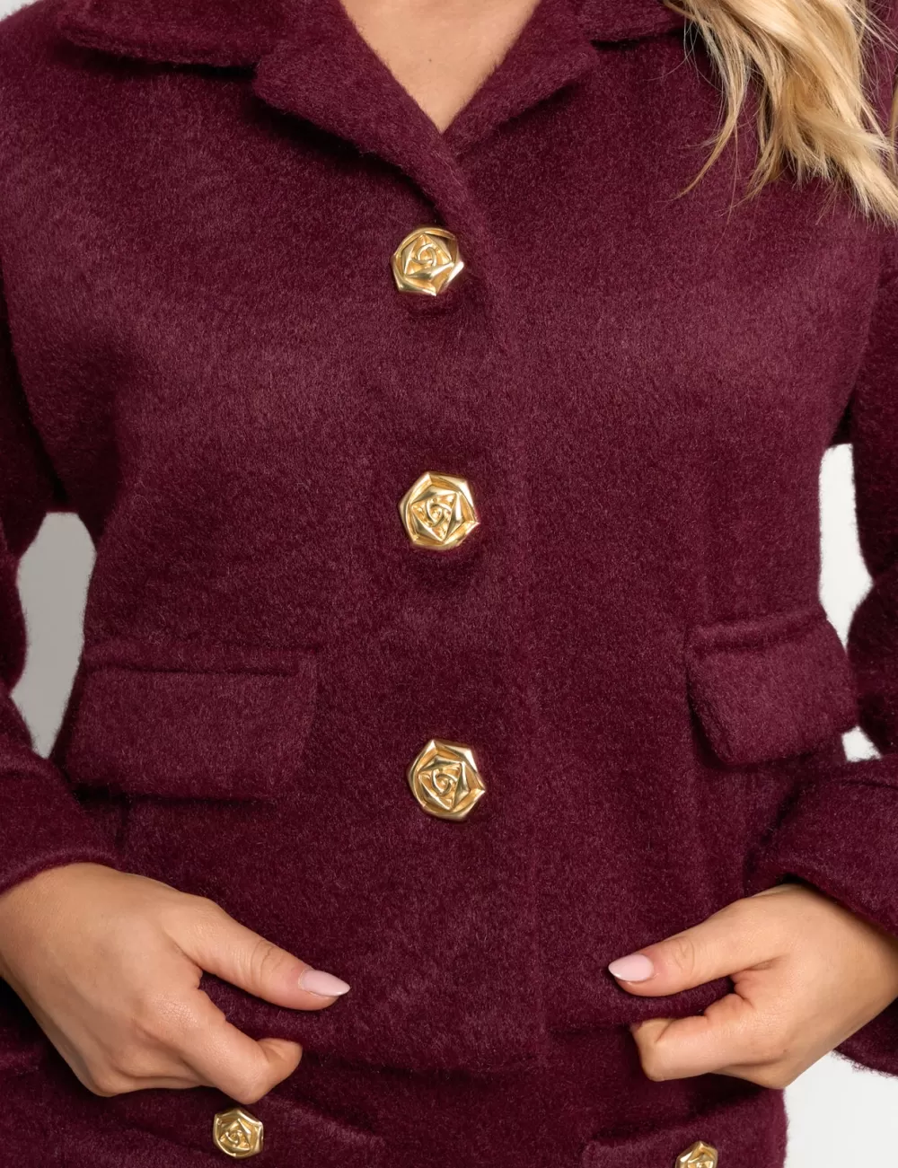 Fashion Public Desire Faux Wool Gold Button Detail Jacket Co Ord Burgundy