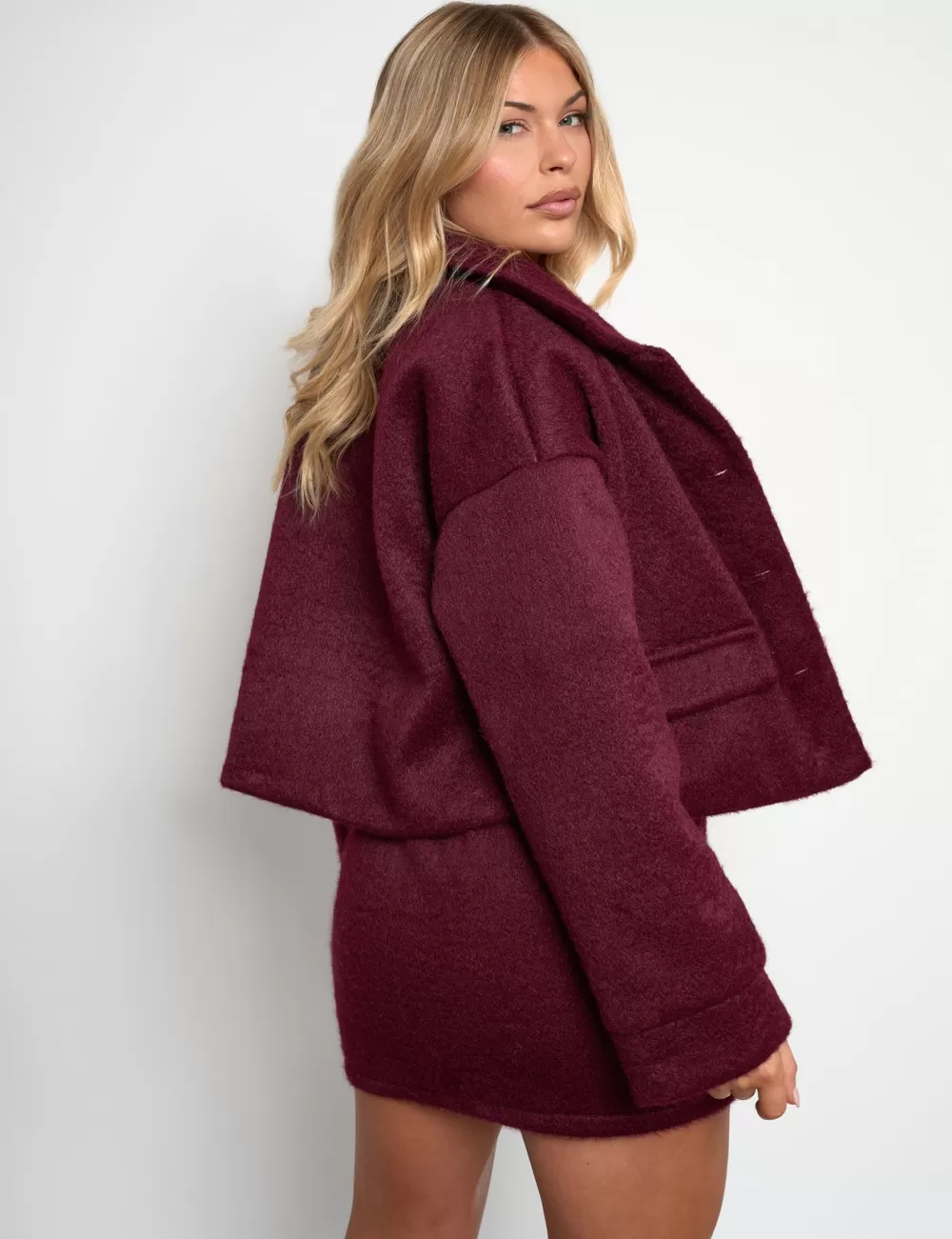 Fashion Public Desire Faux Wool Gold Button Detail Jacket Co Ord Burgundy