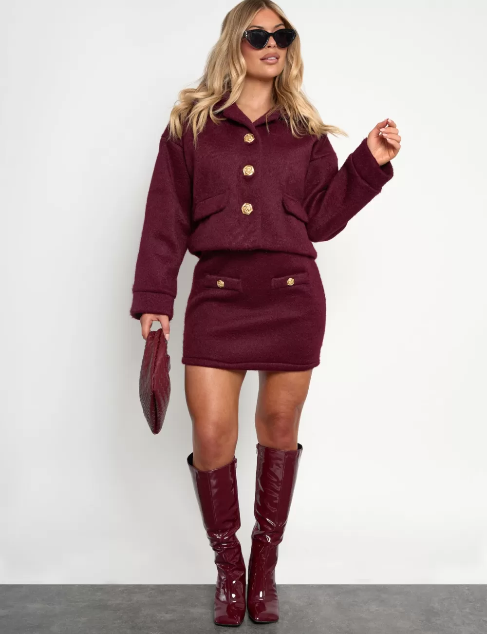 Shop Public Desire Faux Wool Gold Button Detail Mini Skirt Co Ord Burgundy