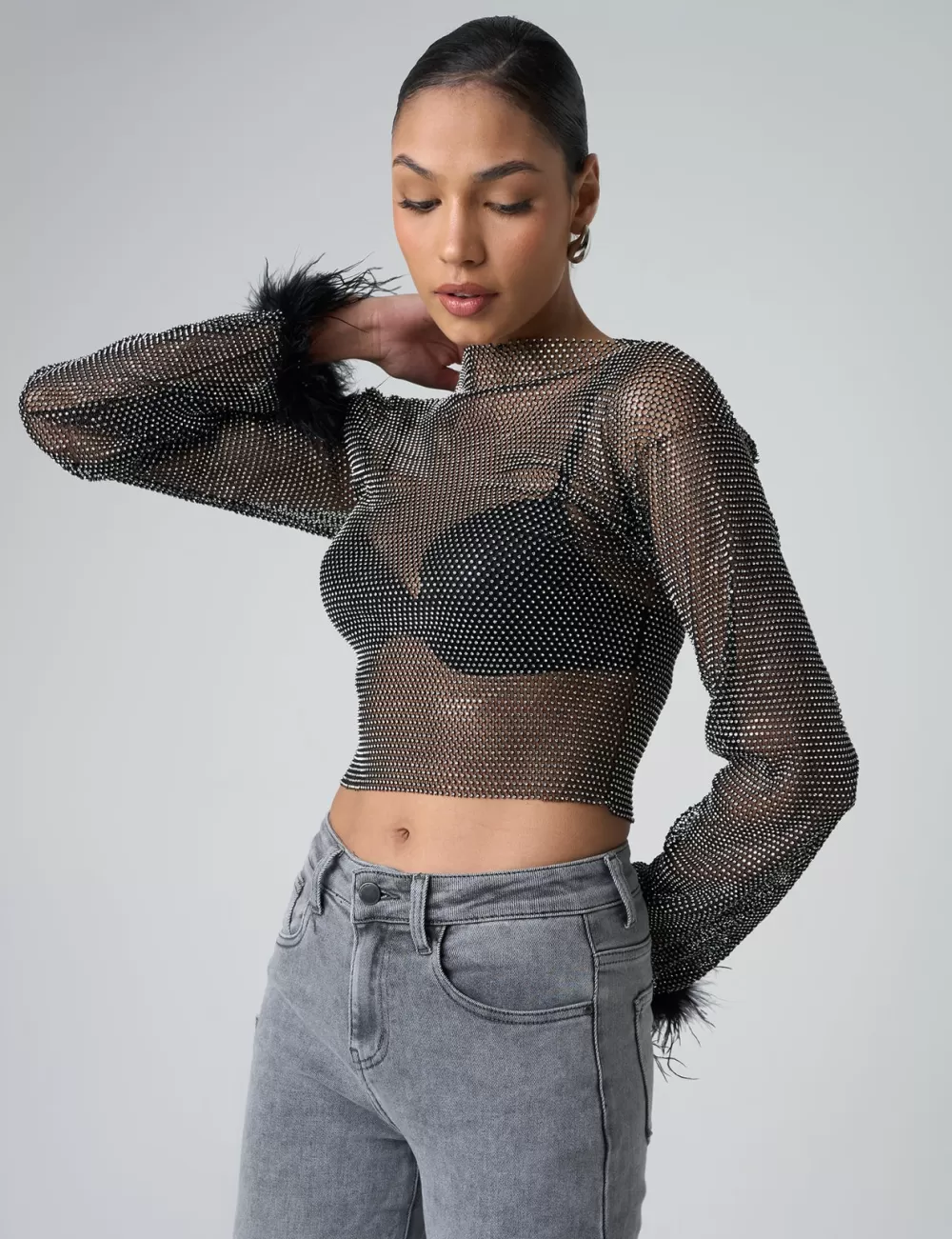 Cheap Public Desire Feather Cuff Detail Diamante Mesh Cropped Top Black