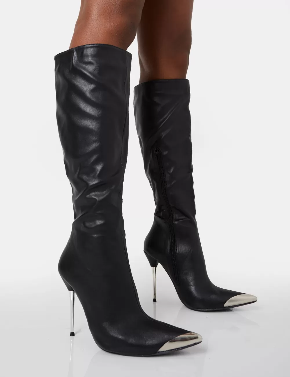 Store Public Desire Finery Pu Metal Toe Capped Zip Up Knee High Stiletto Boots Black