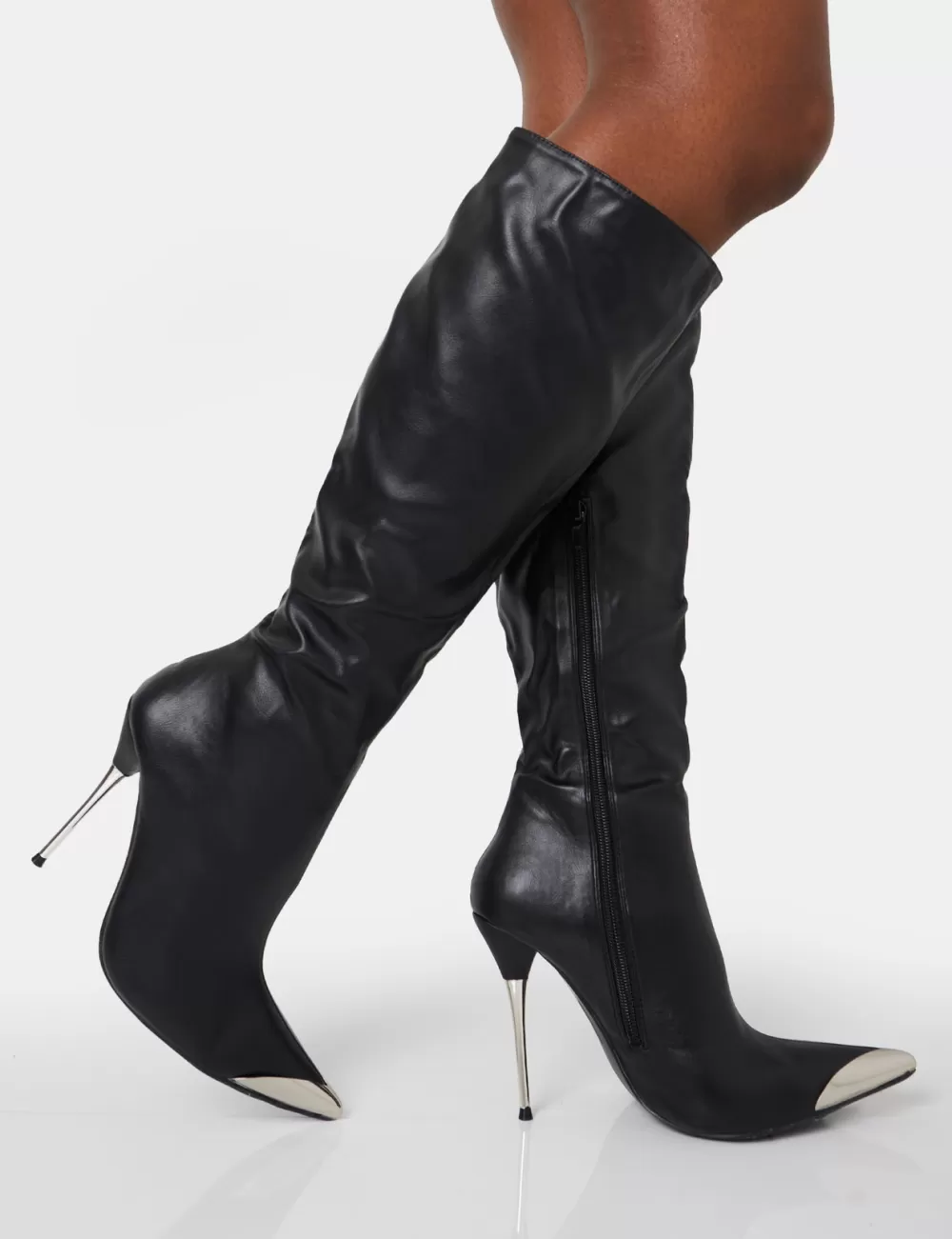Store Public Desire Finery Pu Metal Toe Capped Zip Up Knee High Stiletto Boots Black