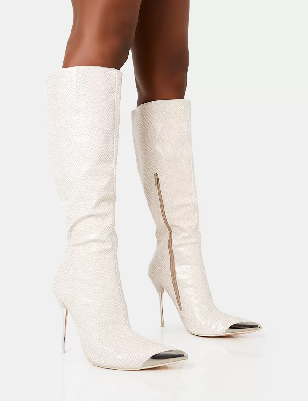 Clearance Public Desire Finery Ecru Croc Metal Toe Capped Zip Up Knee High Stiletto Boots Neutral