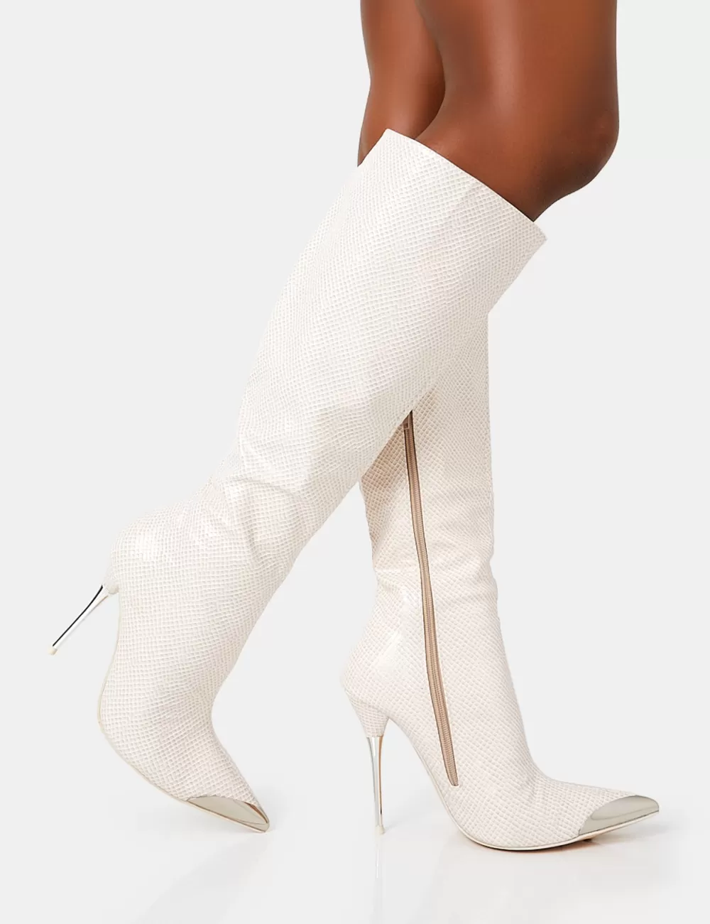 Clearance Public Desire Finery Ecru Croc Metal Toe Capped Zip Up Knee High Stiletto Boots Neutral