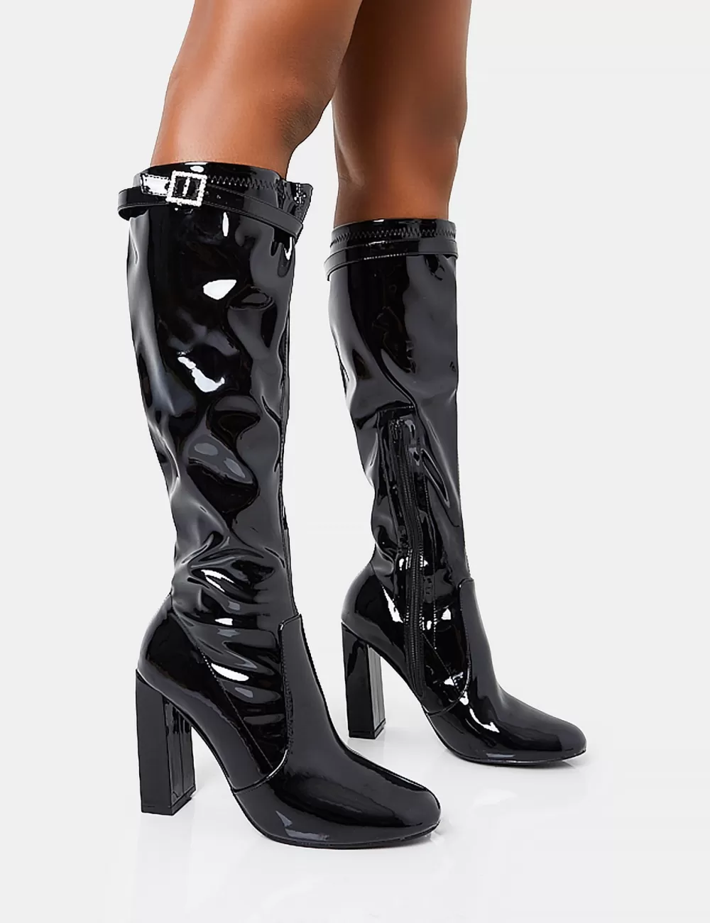 Best Sale Public Desire First Class Buckle Strap Detail Knee High Block Heeled Boots Black