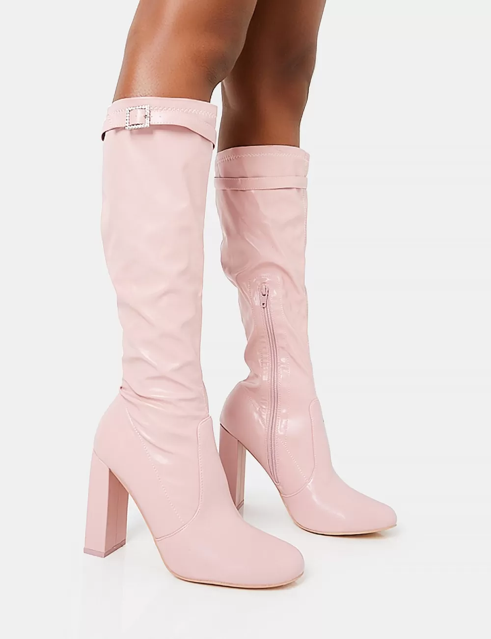 Cheap Public Desire First Class Dusty Buckle Strap Knee High Block Heeled Boots Pink
