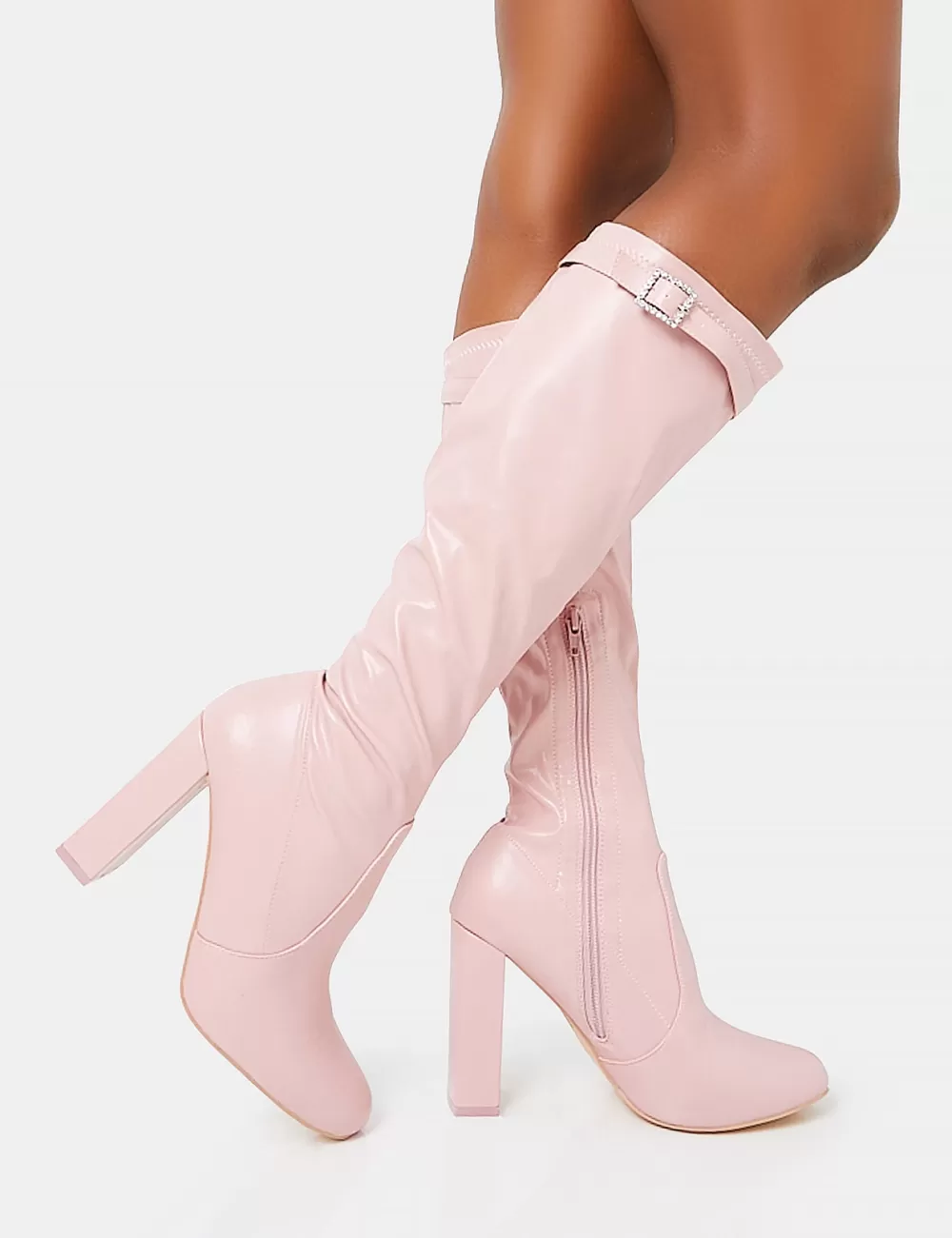 Cheap Public Desire First Class Dusty Buckle Strap Knee High Block Heeled Boots Pink