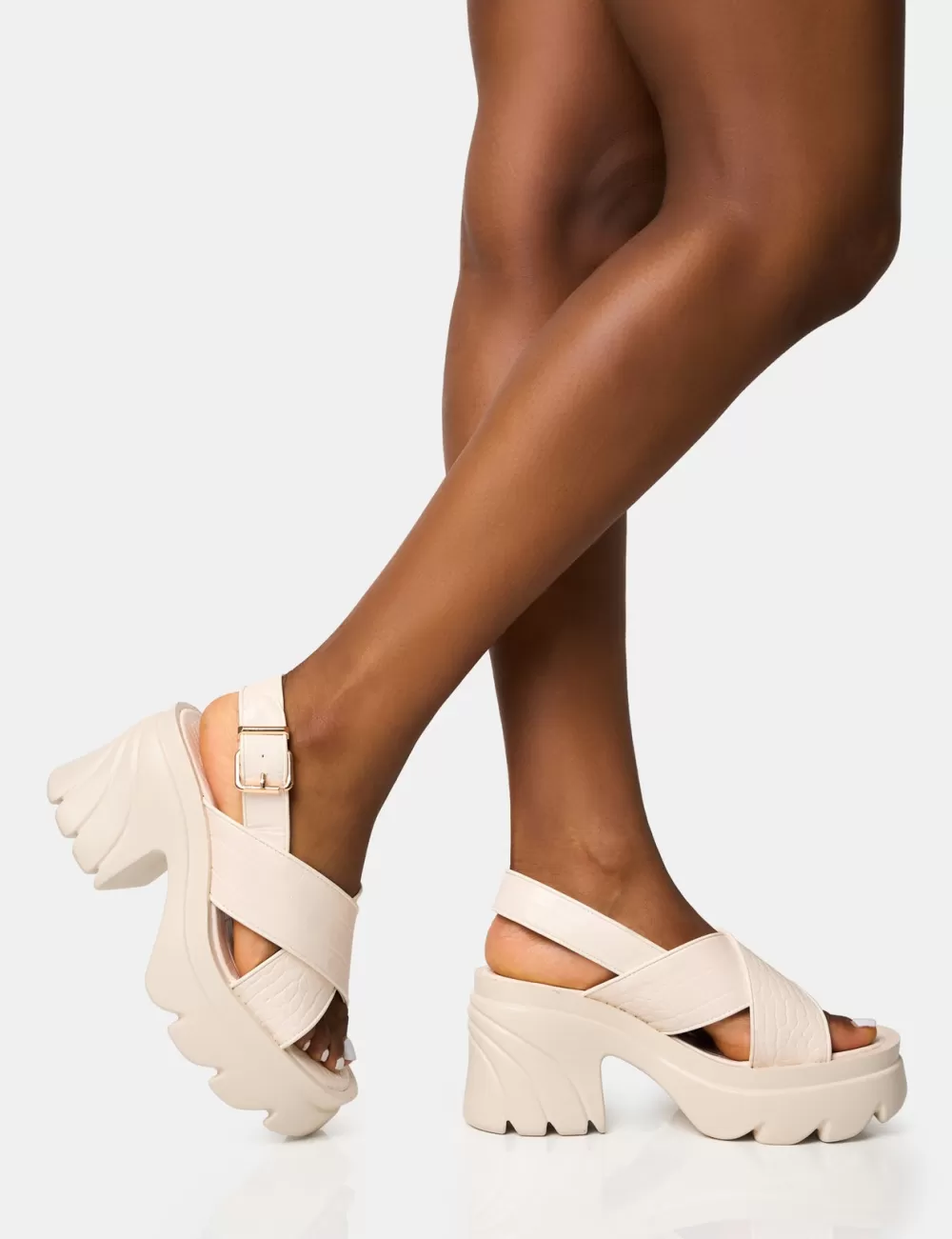 Cheap Public Desire Flare Cross Strap Chunky Mid Heel Sandals White