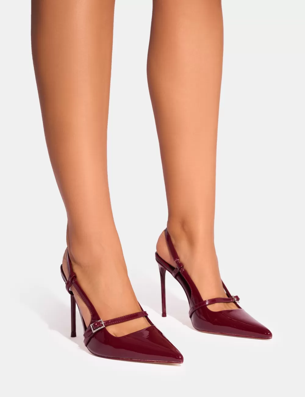 Outlet Public Desire Forget Me Not Embellished Buckle Detail Sling Back Court Heels Burgundy