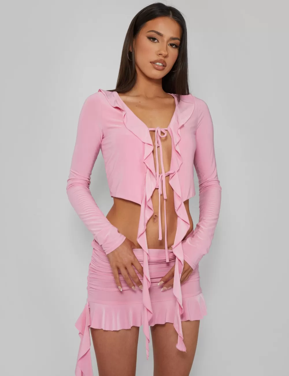 Store Public Desire Frill Detail Tie Front Cardigan Top Baby Pink