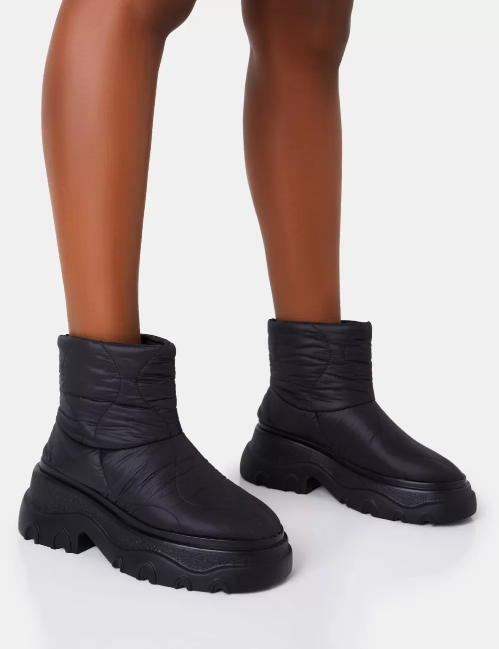 Outlet Public Desire Frostbite Nylon Quilted Chunky Sole Ankle Boots Black