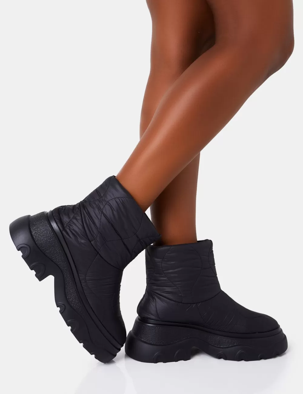 Outlet Public Desire Frostbite Nylon Quilted Chunky Sole Ankle Boots Black